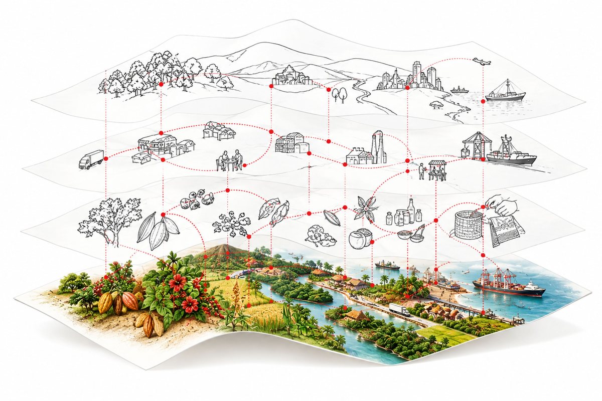 A territory drawn in layers: landscapes, production, trade and markets, linked by dotted red threads