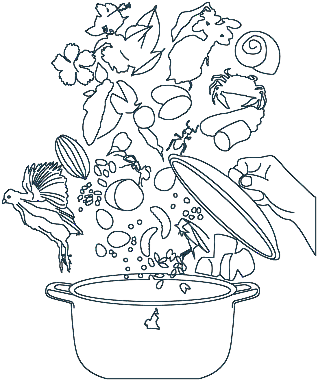 Ingredients of Cameroonian cuisine falling into a cooking pot marked with the map of Cameroon: snail, crab, insects, guinea fowl, cocoa pod, tubers and leaves