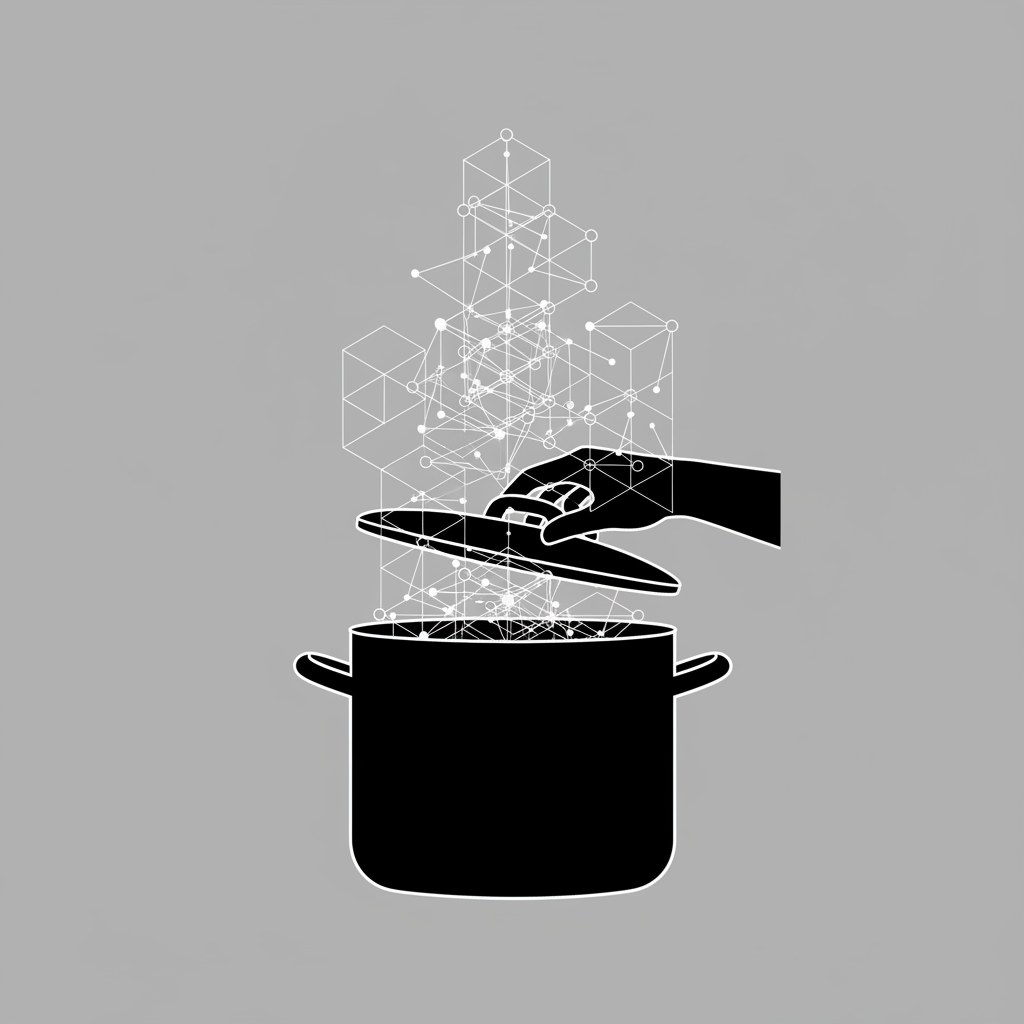 A hand lifts the lid of a pot; a network of connected points rises from it
